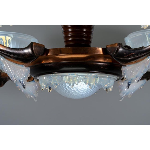 Art Deco French Coppered Metal and Opalescent Glass Chandelier from Ezan, 1930s For Sale - Image 6 of 18