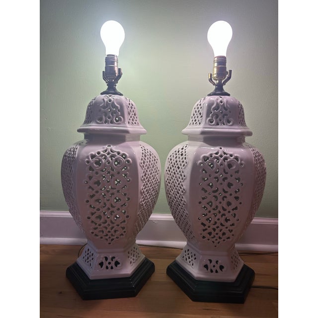 Chinoiserie 1970’s Chinoiserie Pierced Porcelain Blanc De Chine Temple Jar Table Lamps - A Pair For Sale - Image 3 of 12