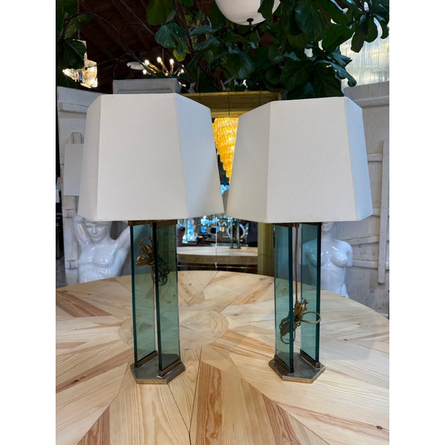 1970s Fontana Arte Style Brass and Blue Glass Table Lamps - a Pair For Sale - Image 4 of 10
