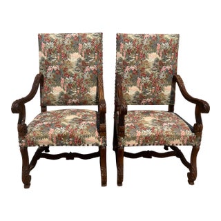 Large 19th Century French Louis XIII Solid Walnut Armchair- A Pair For Sale