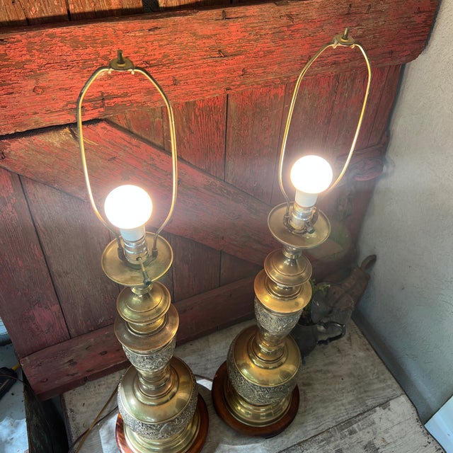 Vintage James Mont Style Brass Table Lamps With Wood Bases - Pair For Sale - Image 17 of 18