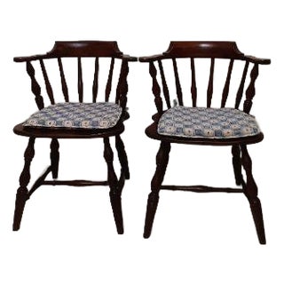 1950s Colonial Windsor Style Wood Chair With Cushion Black Set of 2 For Sale