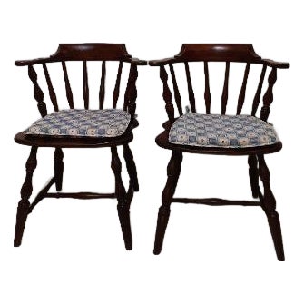 1950s Colonial Windsor Style Wood Chair With Cushion Black Set of 2 For Sale