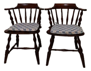 1950s Colonial Windsor Style Wood Chair With Cushion Black Set of 2