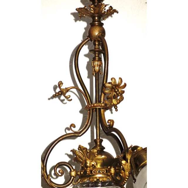 Gold Antique French Art Nouveau Brass and Glass 4-Light Chandelier, 1940s For Sale - Image 8 of 13