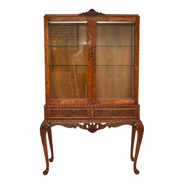 Queen Anne Burr Walnut Display Cabinet, 1930s For Sale