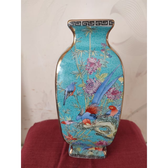 Chinese Ceramic Vase Qing Dynasty Qianlong Marked Blue Ground Famille Rose Porcelain Square Vase Hand Painted Flowers and Birds Pattern For Sale In Seattle - Image 6 of 11
