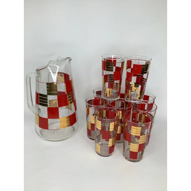 Mid-Century Modern Vintage Gilt and Red Checkerboard Cocktail Set With Pitcher For Sale - Image 3 of 9