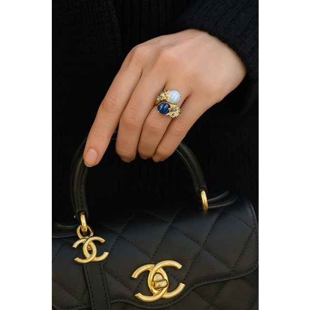 Bochic "Orient" Vintage Diamond, Sapphires & Pearl Ring Set In 18K Gold & Silver For Sale - Image 13 of 18