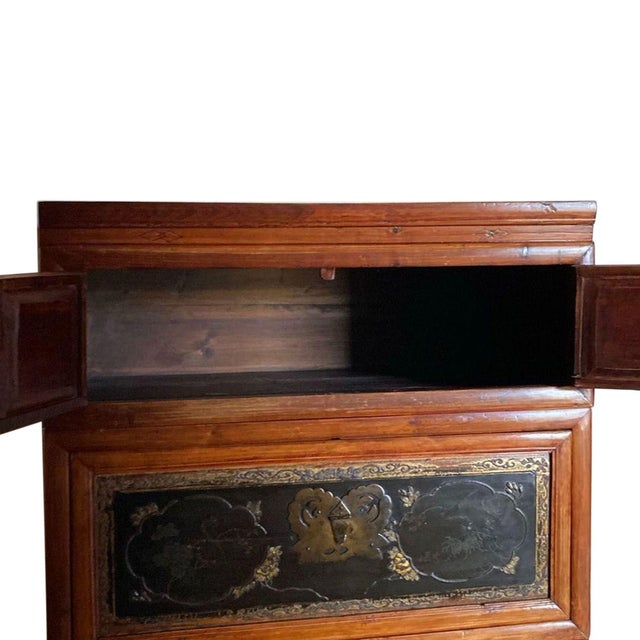 Wood Vintage Asian Chinoiserie Lacquered Wood Tall Cabinet With Brass Decorative Panels For Sale - Image 7 of 8