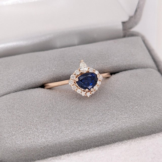 Trillion 6x4.5mm Ceylon Sapphire Ring W Earth Mined Diamonds in Solid 14k Gold, Size 6.75 For Sale - Image 10 of 12