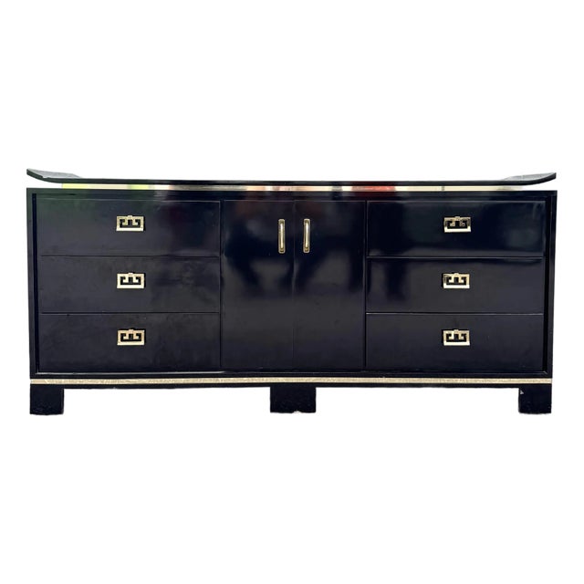Chinoiserie Black Gloss Laminate Dresser With Gold Accents For Sale