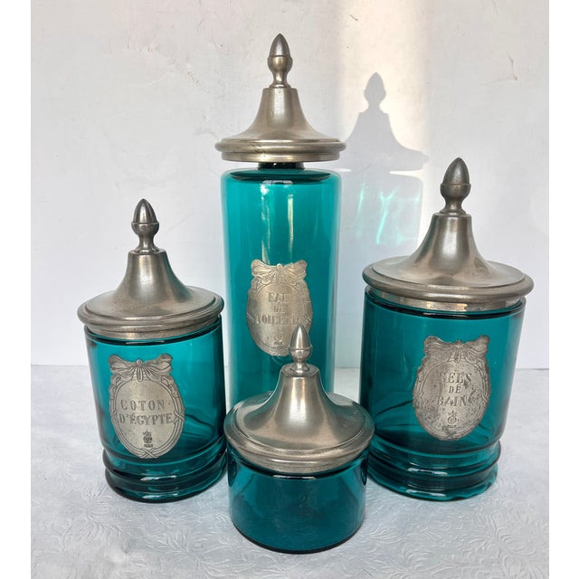 French Country French Apothecary Glass/Pewter Bath Jar Set For Sale - Image 3 of 15