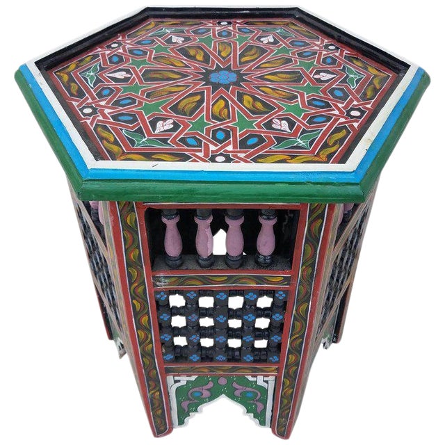 Moroccan Hexagonal Hand Painted Wooden End Table For Sale