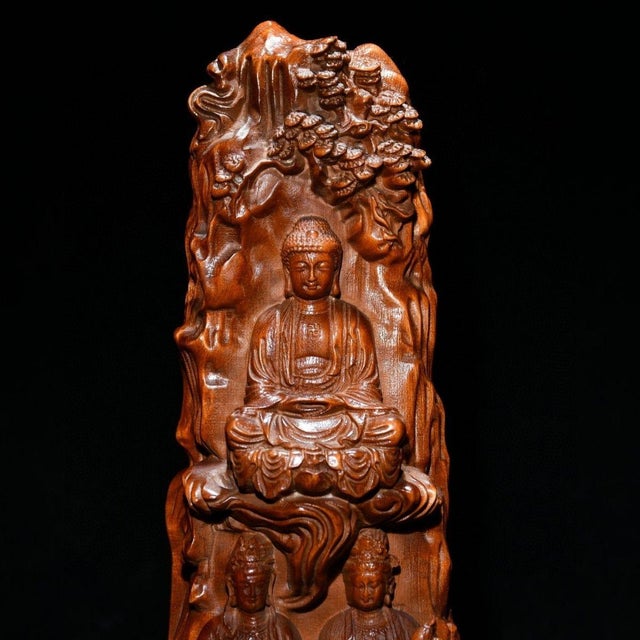 Vintage Chinese Boxwood Carving of the Buddhist Triad (Western Paradise) For Sale In Los Angeles - Image 6 of 9