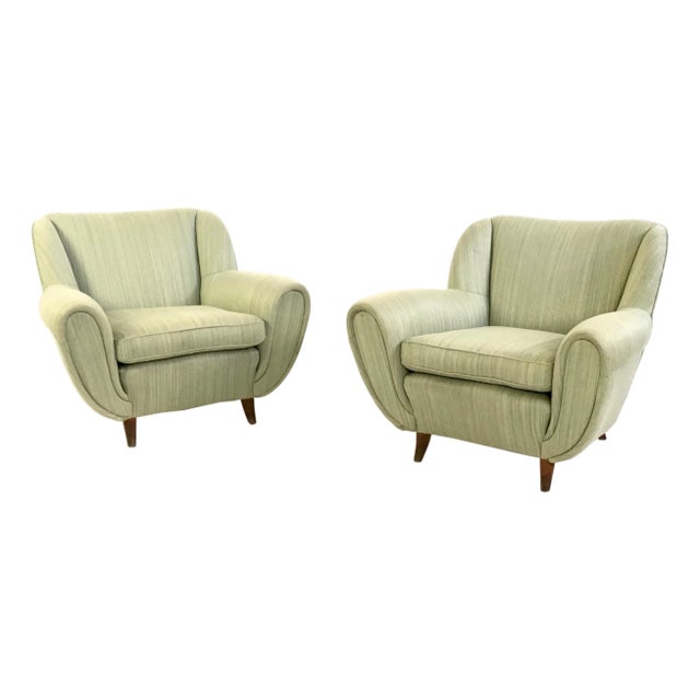Vintage Light Green Armchairs with Wooden Structure, Italy, 1950s, Set of 2 For Sale