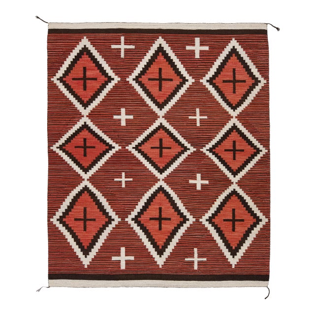 Modern Navajo-Inspired Geometric Wool Rug – Handmade in Terracotta and Off-White For Sale