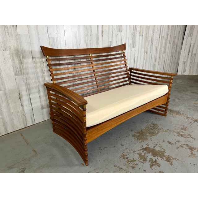 Modern Vintage Slatted Teak Settee For Sale - Image 3 of 13