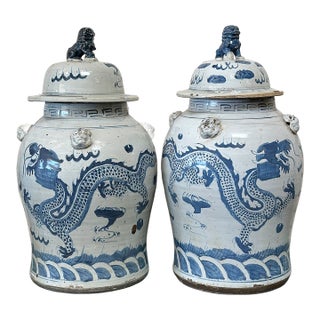 Extra Large Chinoiserie Blue and White Dancing Dragon Ginger Jars - A Pair For Sale