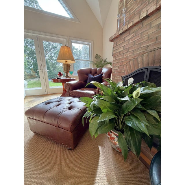 Cigar Leather Restoration Hardware Chair & Coordinating Ottoman, a Pair For Sale - Image 14 of 18