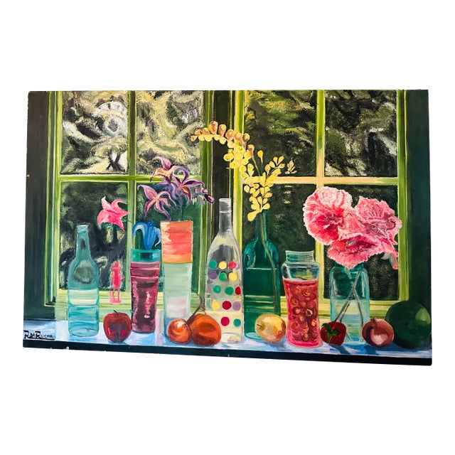 Large Vivid Vintage Oil on Canvas Painting For Sale