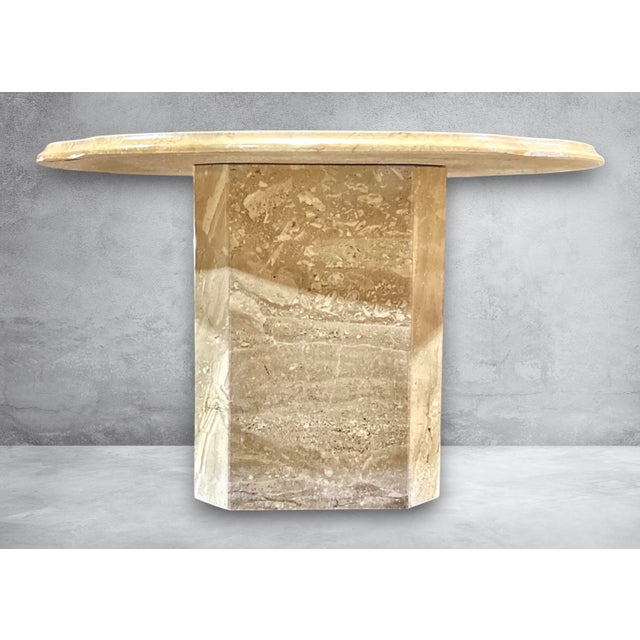 Beige Pair of 1970s Italian Travertine Scalloped Edge Pedestal End Tables For Sale - Image 8 of 17