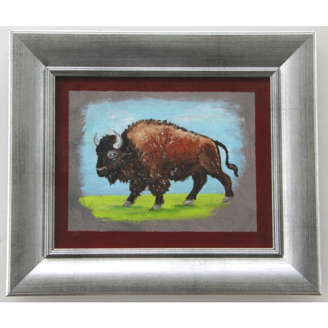 American Bison in a western landscape plain, with lime green grass, pale blue sky with a burgundy border. Realism, Folk...