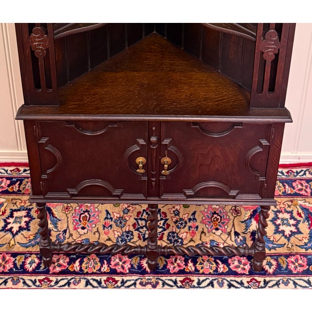 Antique English Jacobean Corner Cabinet Barley Twist Legs Oak Key Tall 1920s For Sale - Image 13 of 18