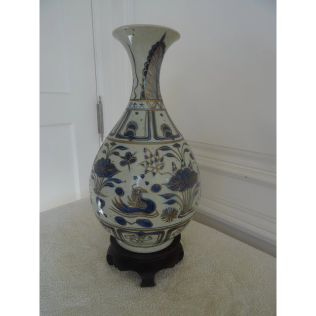 Wood Antique Blue & White Vase With Gilt Highlights For Sale - Image 7 of 7