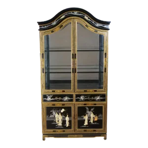 Hand Painted & Decorated Black Lacquer / Giltwood China Cabinet
