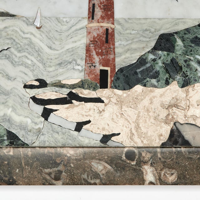 Stone Antique Italian Inlaid Stone or Pietra Dura of a Bayscape With Lighthouse For Sale - Image 7 of 10