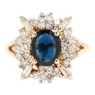 1.98ctw Sapphire and Diamond Cluster Ring, 14k Yellow Gold, Ring Size 6.5 For Sale