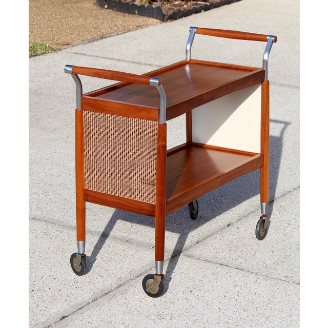 Mid-Century Modern Teak Rolling Bar Cart / Serving Trolley With Chrome Handles For Sale - Image 4 of 12