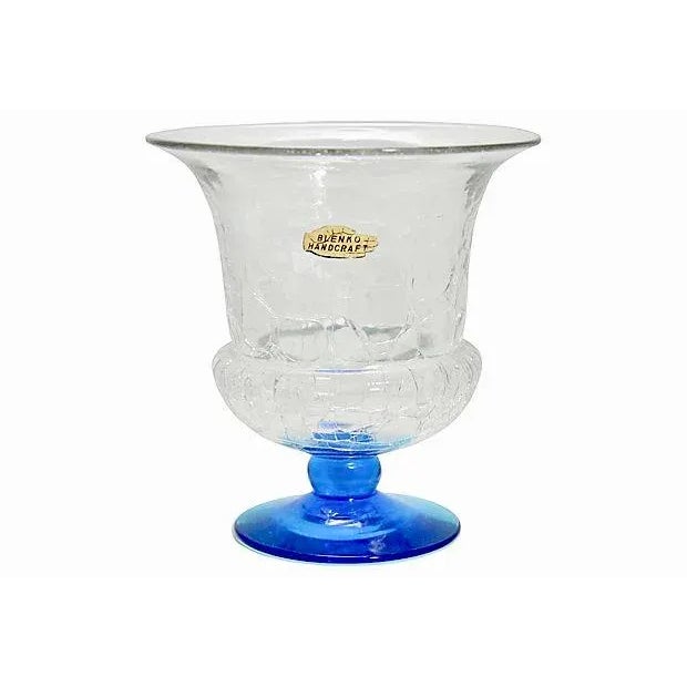 Traditional Blenko 1940s Vintage Blue Crackle Art Glass Urn For Sale - Image 3 of 8