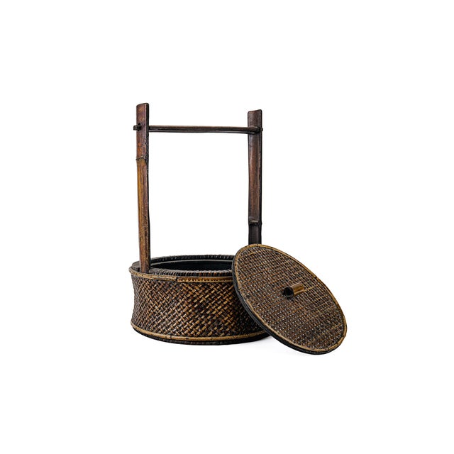 Antique Chinese Wood & Woven Food Basket With Lid For Sale In Tulsa - Image 6 of 15