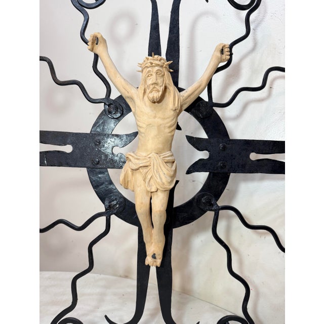 Up for sale is a large vintage hand carved wood and wrought iron religious wall crucifix sculpture. Handmade with...