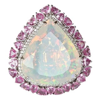 29.59 Carat Ethiopian Opal, Pink Sapphire & Diamond Cocktail Ring/ Pendant Necklace, Size 6 For Sale