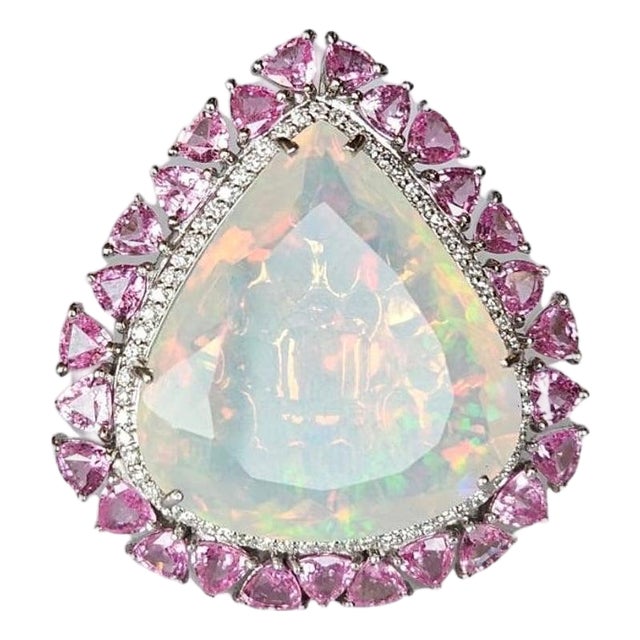 29.59 Carat Ethiopian Opal, Pink Sapphire & Diamond Cocktail Ring/ Pendant Necklace, Size 6 For Sale
