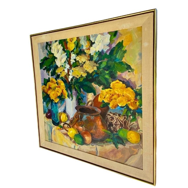Mid Century original oil painting by William O’Neil. Vibrant impressionist style with bright and colorful flowers, fruits...