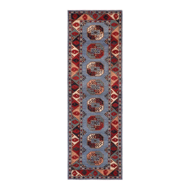 Rustic Ziegler Blue/Multi Wool Runner Rug- 2'8'' X 9'8'' For Sale