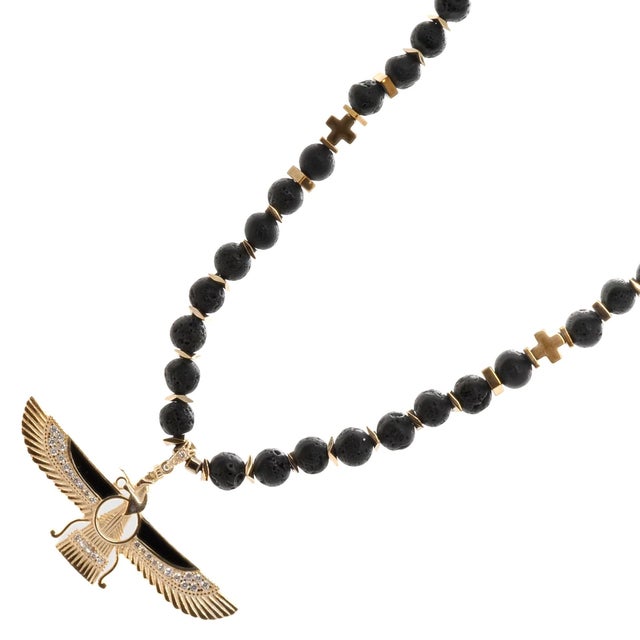 Guidance Faravahar Symbol Pendant Black Beaded Necklace For Sale - Image 4 of 11