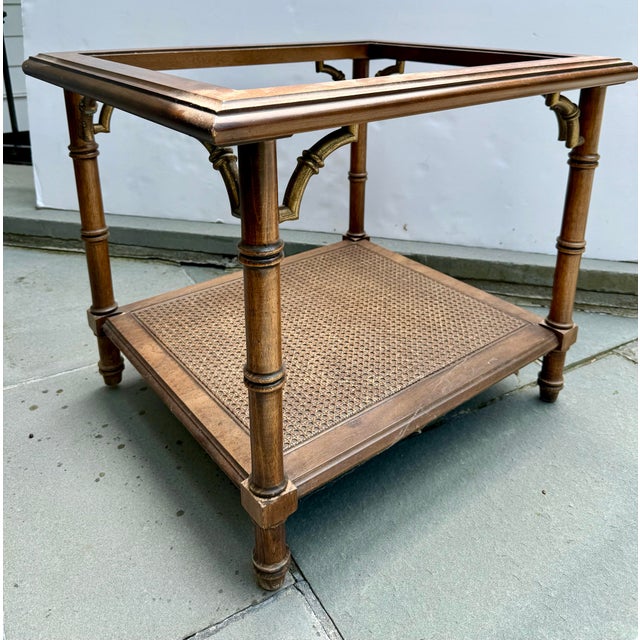 Pair of Vintage Lane Faux Bamboo Side Tables with Caned Shelf. Wooden frames with metal - patinad brass toned - fretwork...