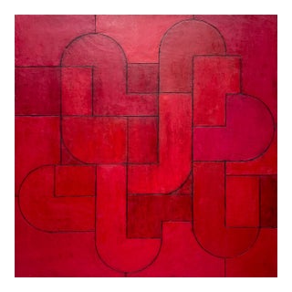 Contemporary Geometric Abstract Square Oil Painting Monochromatic–Red Gold Leaf Edges by Stephen Cimini For Sale