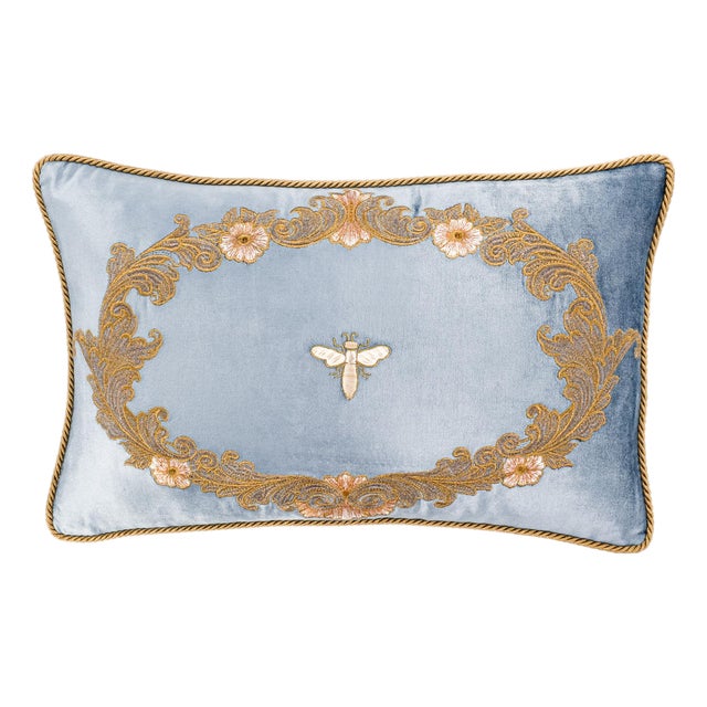 Venice Blue Silk Velvet Embroidered Throw Pillow Cover, 12 X 20 For Sale