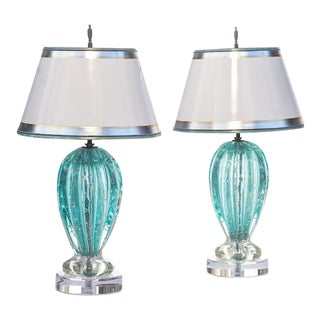 Vintage Murano Aquamarine Lamps - a Pair For Sale