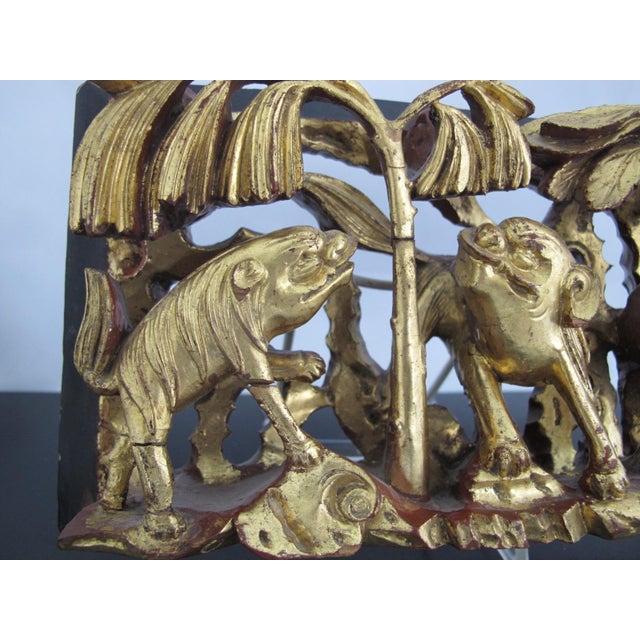 Chinese Qing Gilt Carved Wood Foo Dogs in Grove of Trees 3d Wall Art Panel For Sale - Image 4 of 9