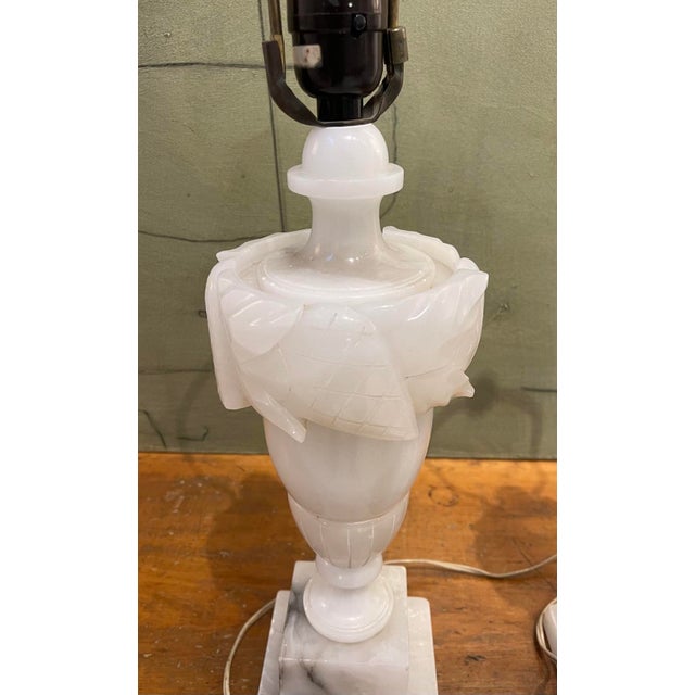 Stone Antique Italian Carved Alabaster Neoclassical Table Lamps - A Pair For Sale - Image 7 of 8