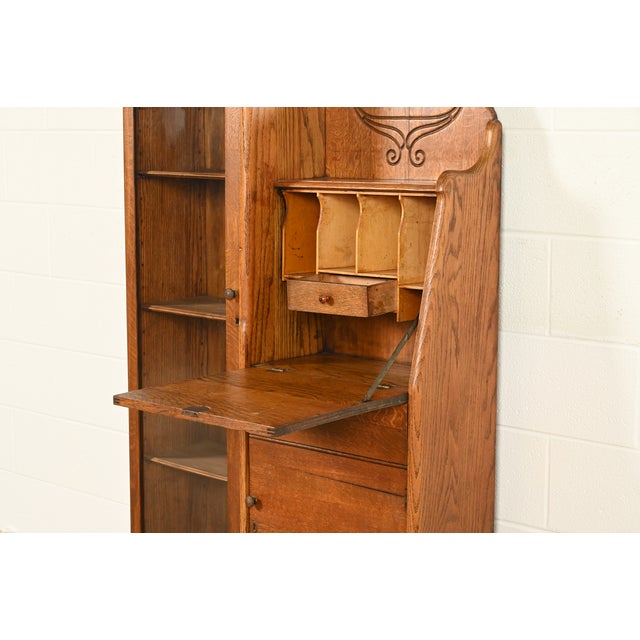 Antique Victorian Carved Oak Side-by-Side Bookcase With Drop Front Secretary Desk, Circa 1900 For Sale In South Bend - Image 6 of 12