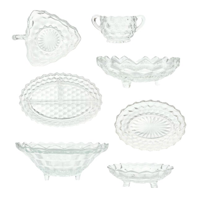 1960s Fostoria “American” Glass Dinnerware Serving Hostess Set - 7 Pieces For Sale