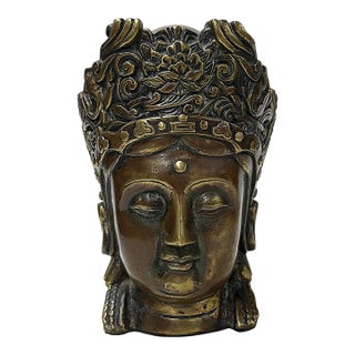 Vintage Bronze Patinated Bodhisattva Bust Buddha Metal Statue For Sale
